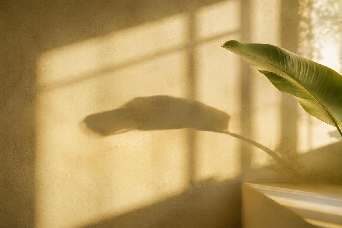 Soft morning sunlight on a warm plaster wall with a leaf shadow