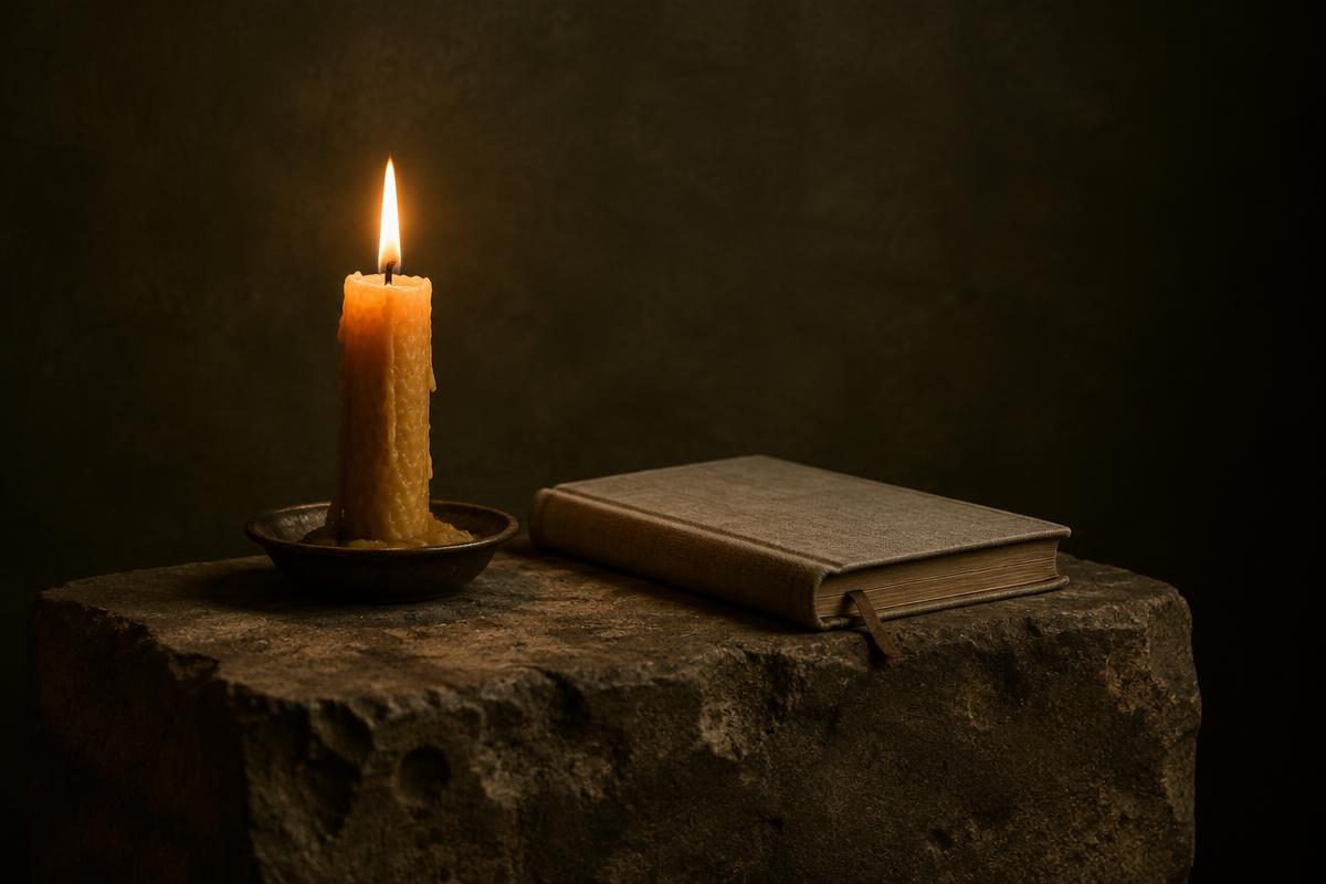 A lit candle and a linen-bound journal on a stone plinth