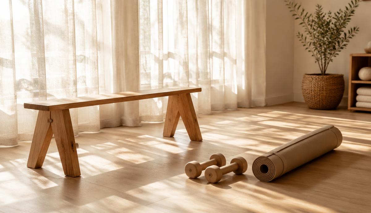 A calm, sunlit studio with simple wooden training equipment